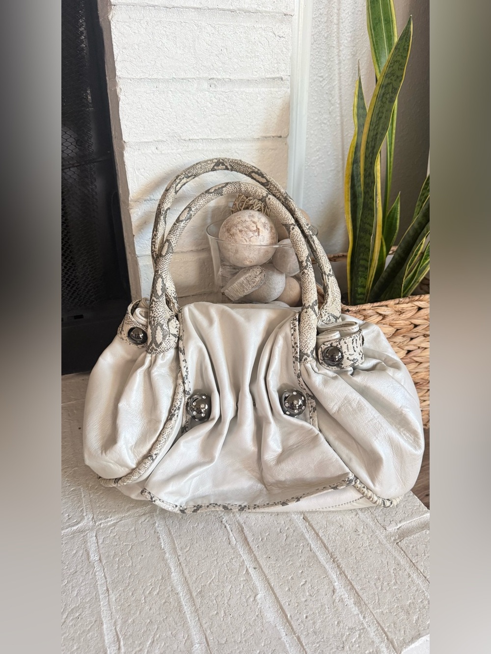 Vintage Betsey Johnson Pearl Leather Handbag Snake Print Rhinestone Y2K Satchel